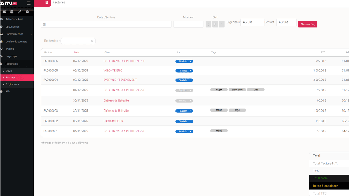 Interface de Zirru outil de facturation conforme à la législation 2026
