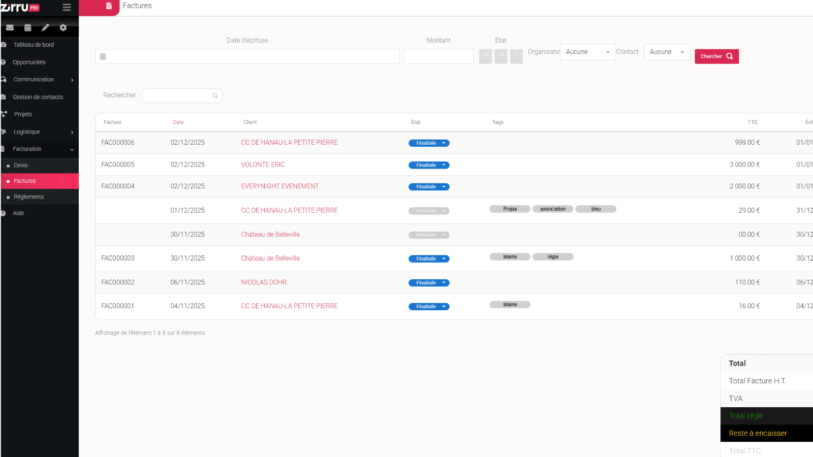 Interface de Zirru outil de facturation conforme à la législation 2026